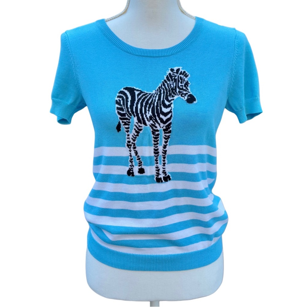 Vintage Petite Short Sleeve Zebra Blue & White Stripe Sweater Blouse Women’s S